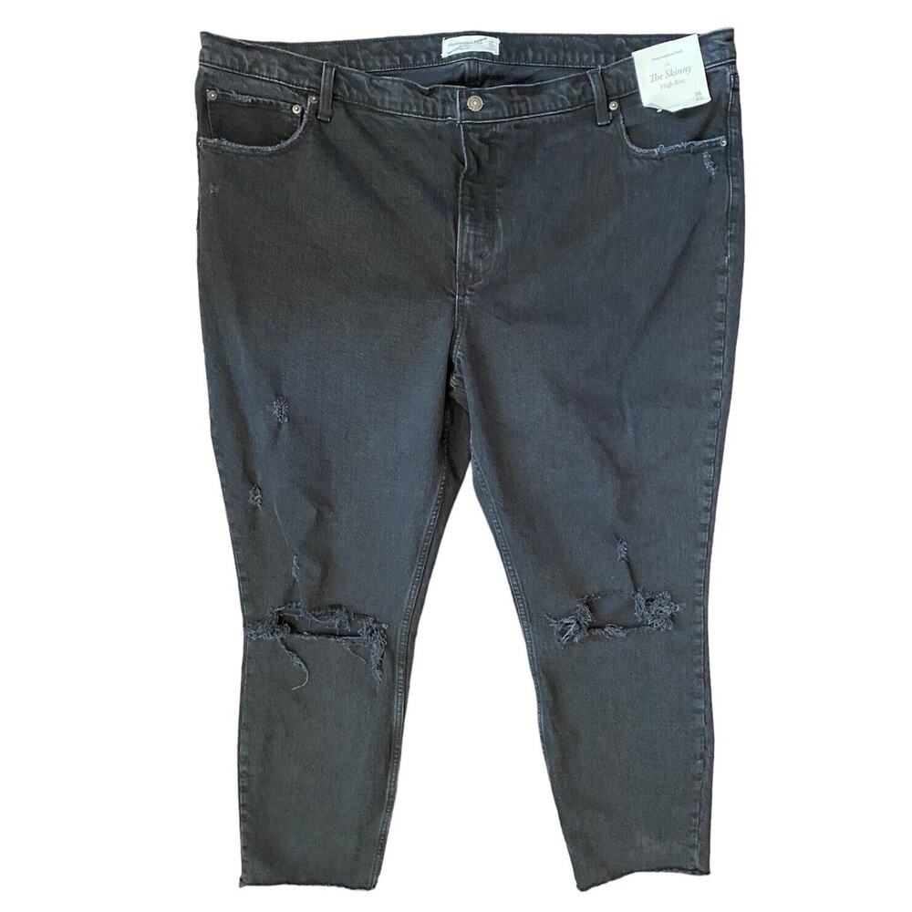 Abercrombie Fitch Skinny High Rise Black Jeans Women 22 Ripped Plus Denim New